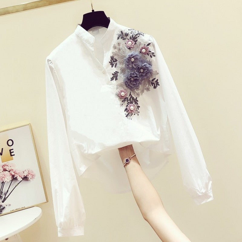 Camisa de manga larga con cuello en V Camisa blanca informal que combina con todo para mujer