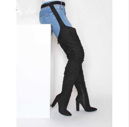 European And American Style Solid Color Suede Fashion Pointed Personality Chunky Heel Over The Knee Women's Fashion Boots