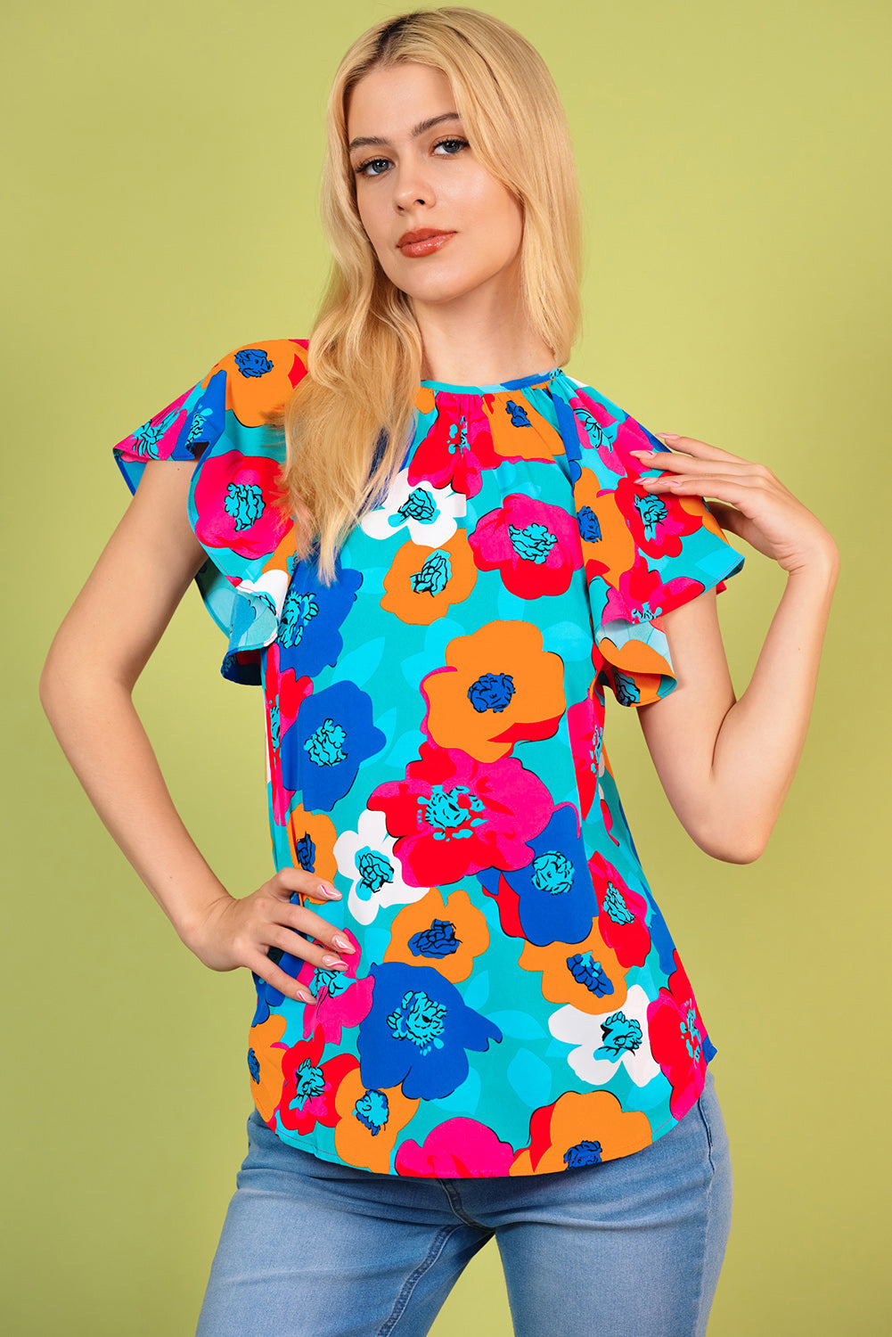 Blusa floral con cuello redondo y lazo