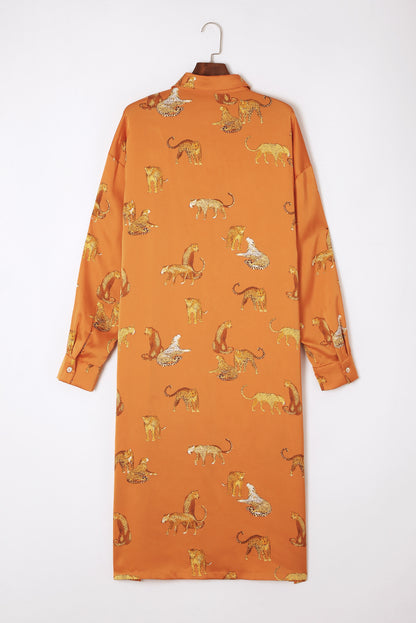 Robe chemise fendue boutonnée à imprimé guépard moutarde