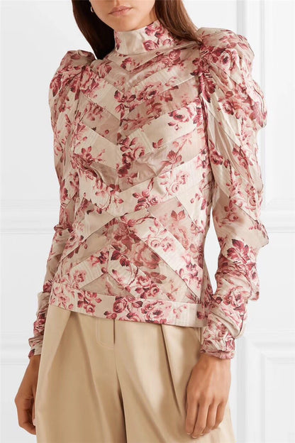 Stitching Long Sleeve Shirt Bow Puff Sleeve Pleated Print Top