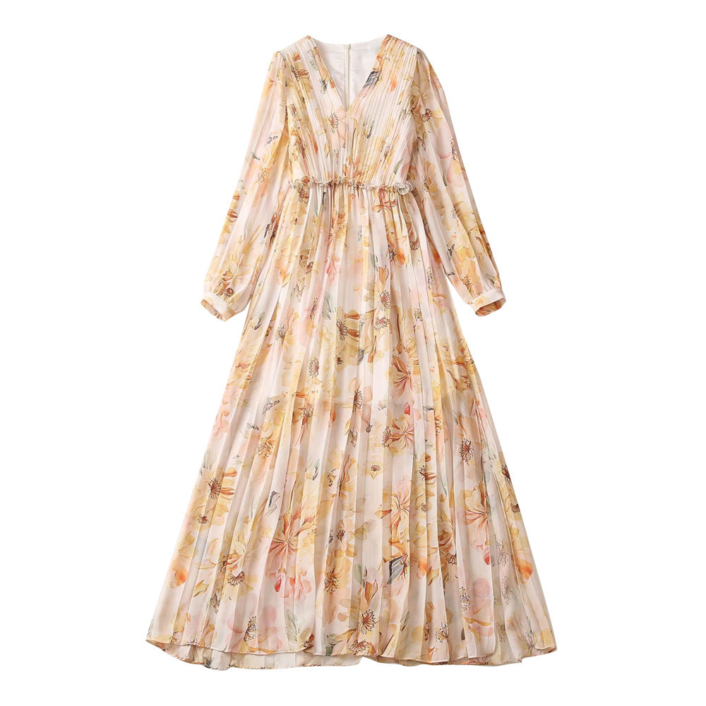 Women's V-neck Lantern Long Sleeved Printed Pleated Dress