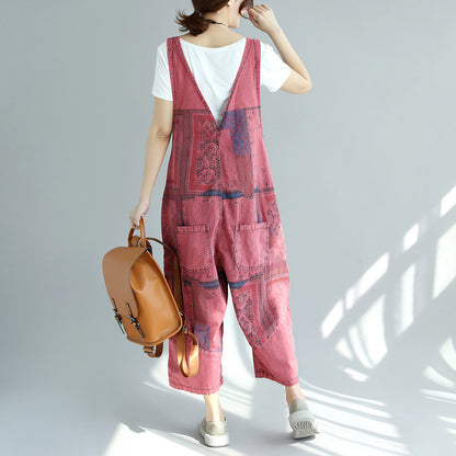 Printed Distressed Cropped Stitching Denim Suspender Pants