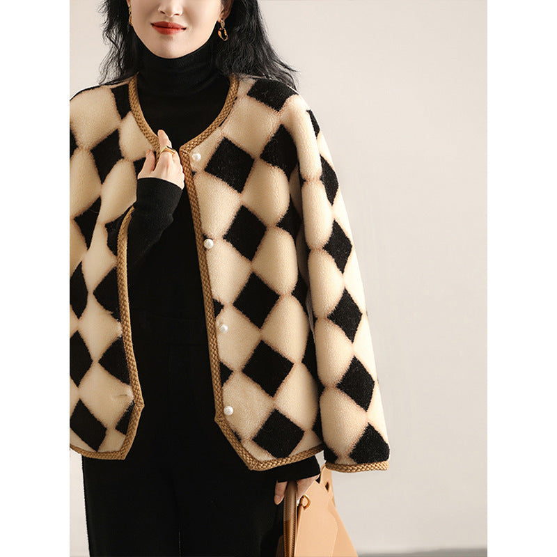 Chessboard Plaid Full Wool Sheepskin Fur Women's Winter