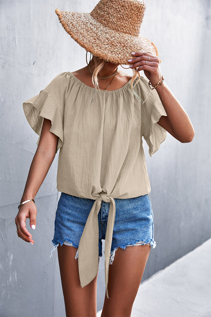 Flutter Sleeve Tie-Front Blouse