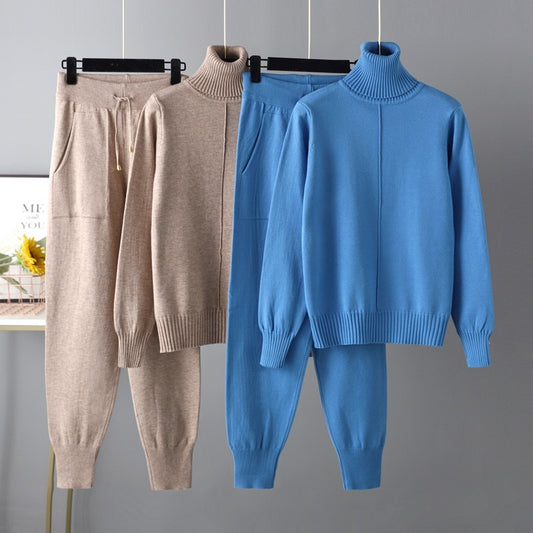 Casual Fashion Set autumn And Winter Cross-border Amazon European And American Turtleneck Solid Color Sweaters Two-piece Set