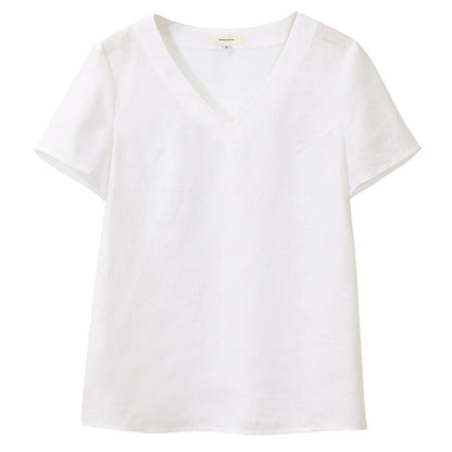 T-shirt simple en lin pur à col en V pour femmes, couleur unie