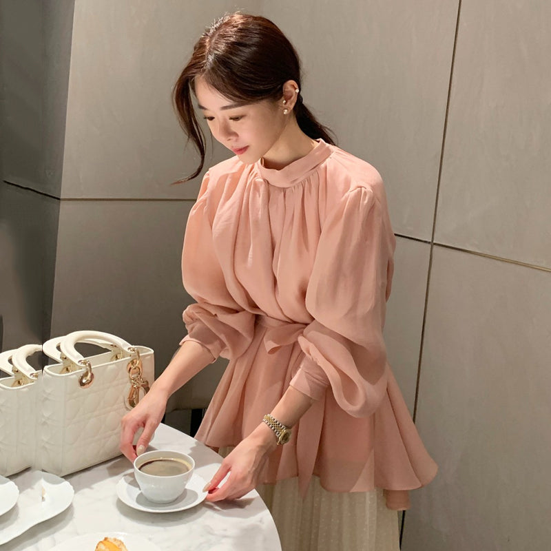 Women's Elegant Long-sleeved Wrinkled Shirt With Slim Waist