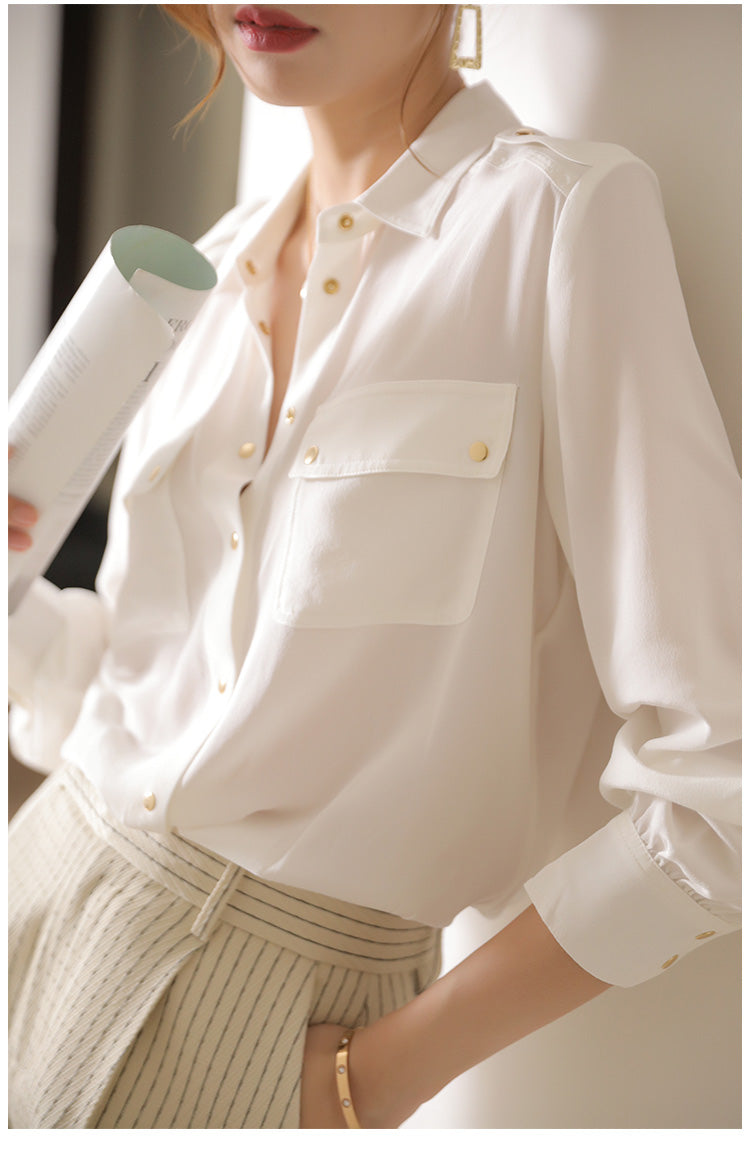 Women's Long-sleeved Solid Color  Silk Shirt