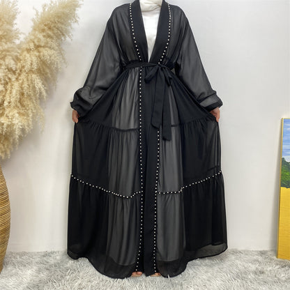 Elegant Solid Color Beaded Muslim Lacing Chiffon Cardigan Robe