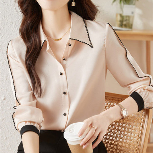 Satin Lapel Shirt Top For Women