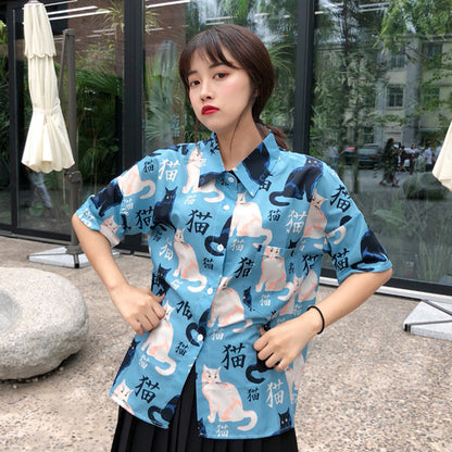 Camisa con estampado de gato estilo Harajuku salvaje Top de manga corta 