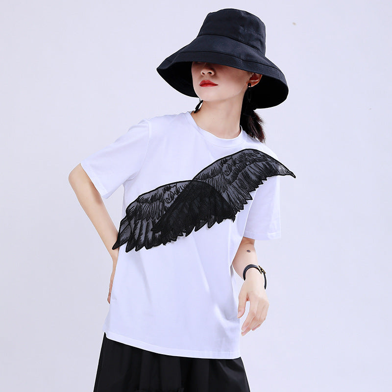 Short Sleeve Design Personality Blouse With Angel Wings Embroidery Applique T-shirt For Women