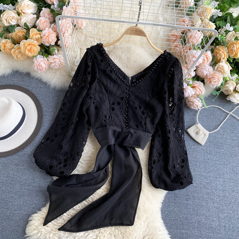 Jacket Female Hollow Lace Puff Sleeve Tie Waist Short Beaded Shirt