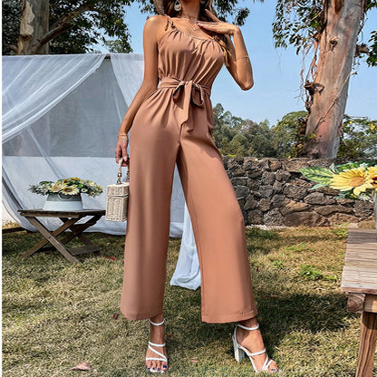 Summer New Hollow Belt Suspenders Wide Leg Jumpsuit