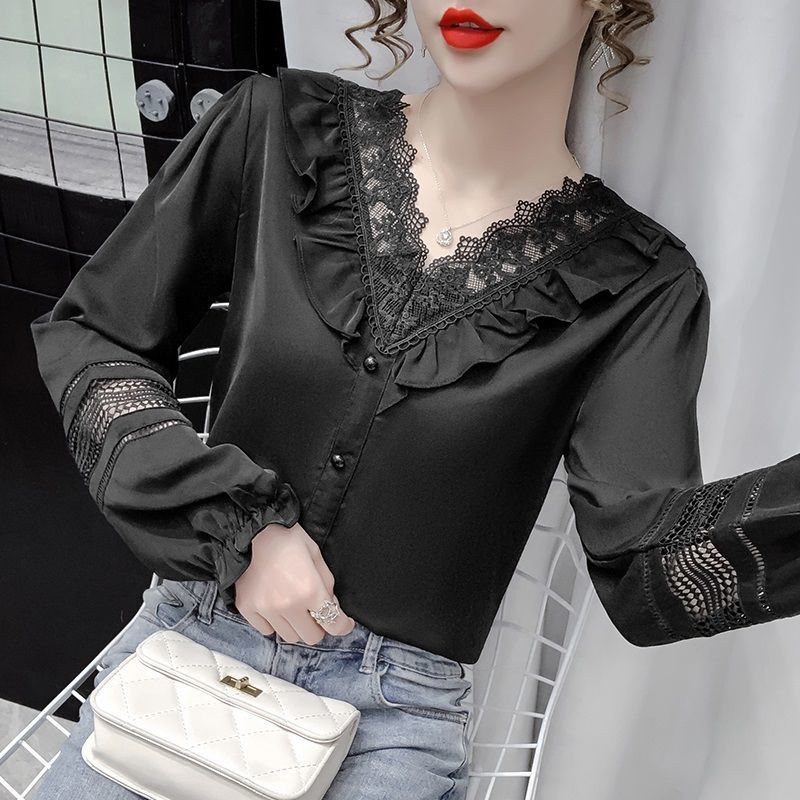 Blusa con cuello en V y costuras de encaje, camisa que combina con todo de estilo occidental, camisa para mujer