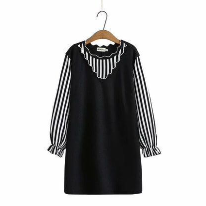 Large Size Thin Spring Women's Color Matching Fake Two-Piece Long-Sleeved Dress