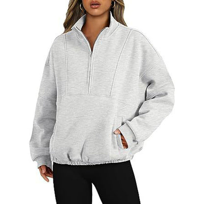 Sweater Sports Casual Women's Zipper Pocket Pullover Stand Collar Long Sleeve Shirt