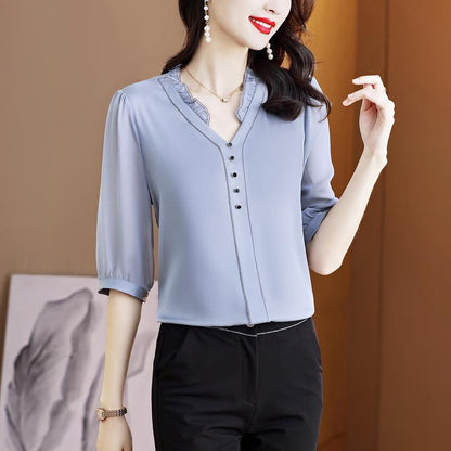 Women's New Fashion V-neck Stitching Light Luxury Chic Shirt