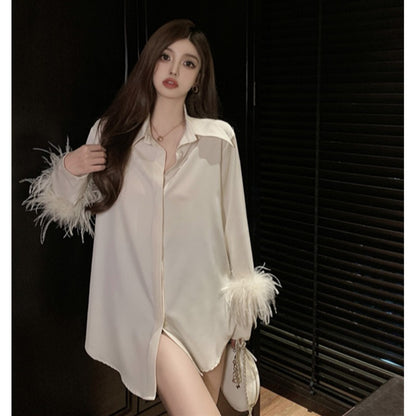 Women's Fashion Mid-length Satin Shirt With Ostrich Fur Cuffs