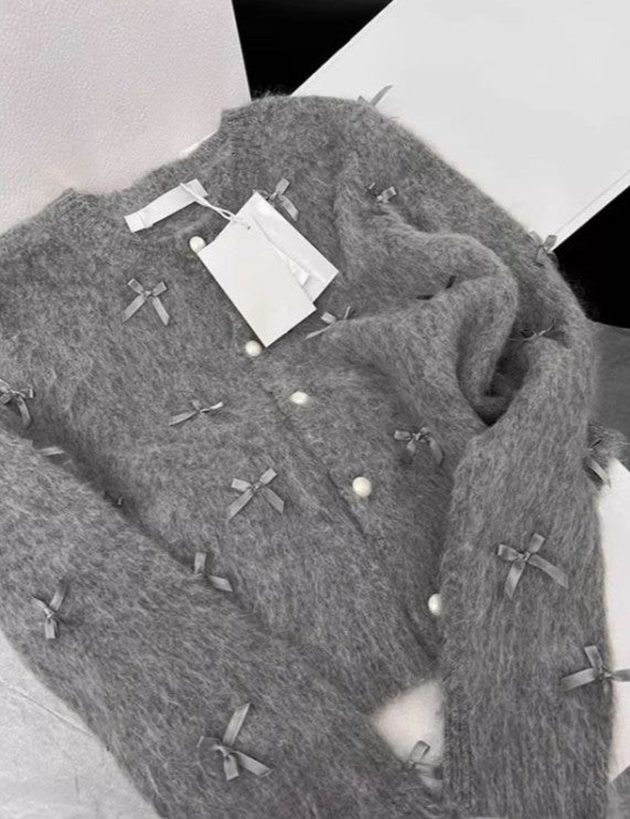 Gray Bow Sweater Women's Autumn And Winter Elegant Soft Glutinous Mohair Knitted Cardigan Chanel Coat