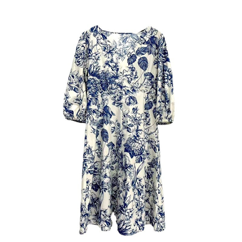 Robe en coton à imprimé porcelaine bleue et blanche, col en V, manches mi-longues