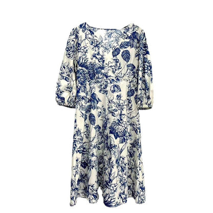 V-neck Mid-sleeve Cotton Blue And White Porcelain Print Dress