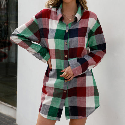 Loose Casual Colorful Plaid Midi Shirt Dress Top