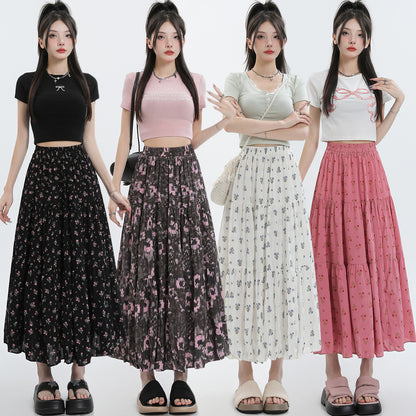 Chiffon Floral Long Dress High Waist Umbrella Skirt A- Line Skirt