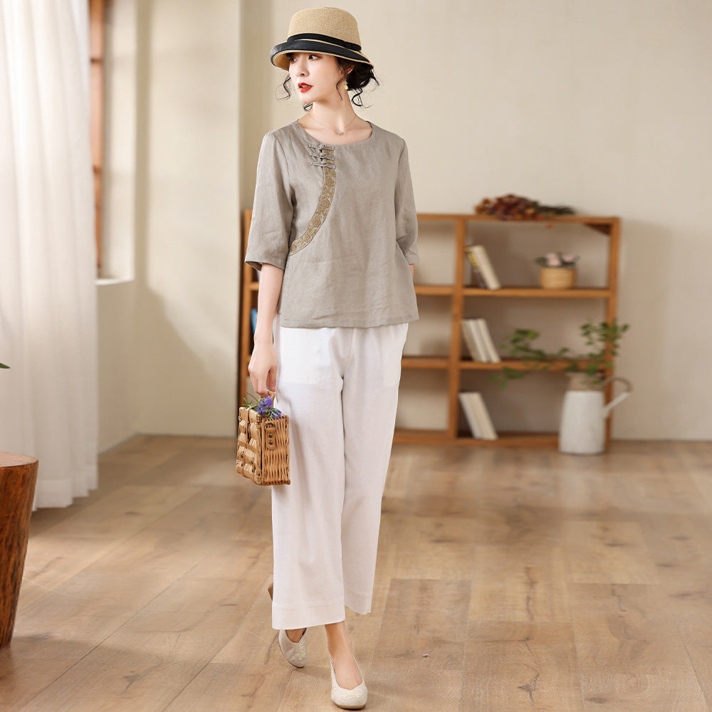 Linen Embroidered Chinese Crew Neck Top Pullover