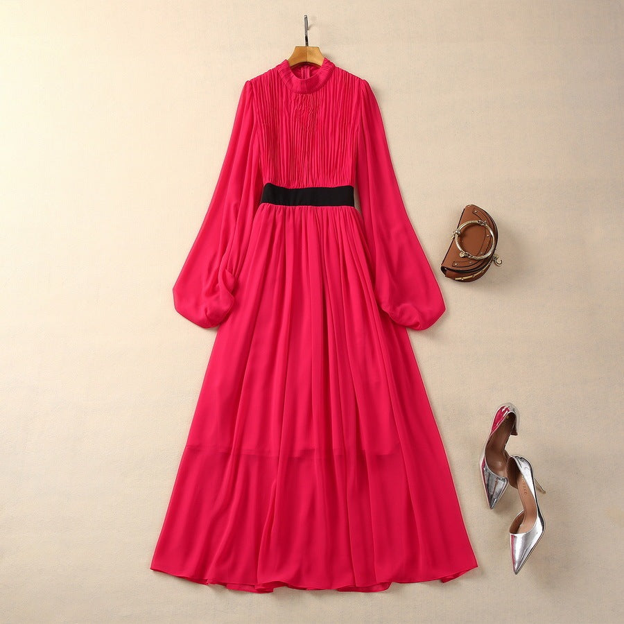 Stand-up Collar Puff Sleeve Oversized Chiffon Dress