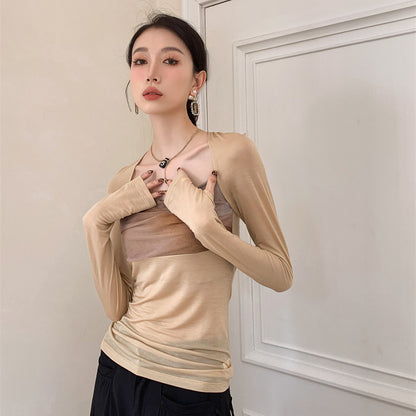 Mesh T-Shirt Women's Early Spring Design Sense Niche Square Collar Long Sleeve