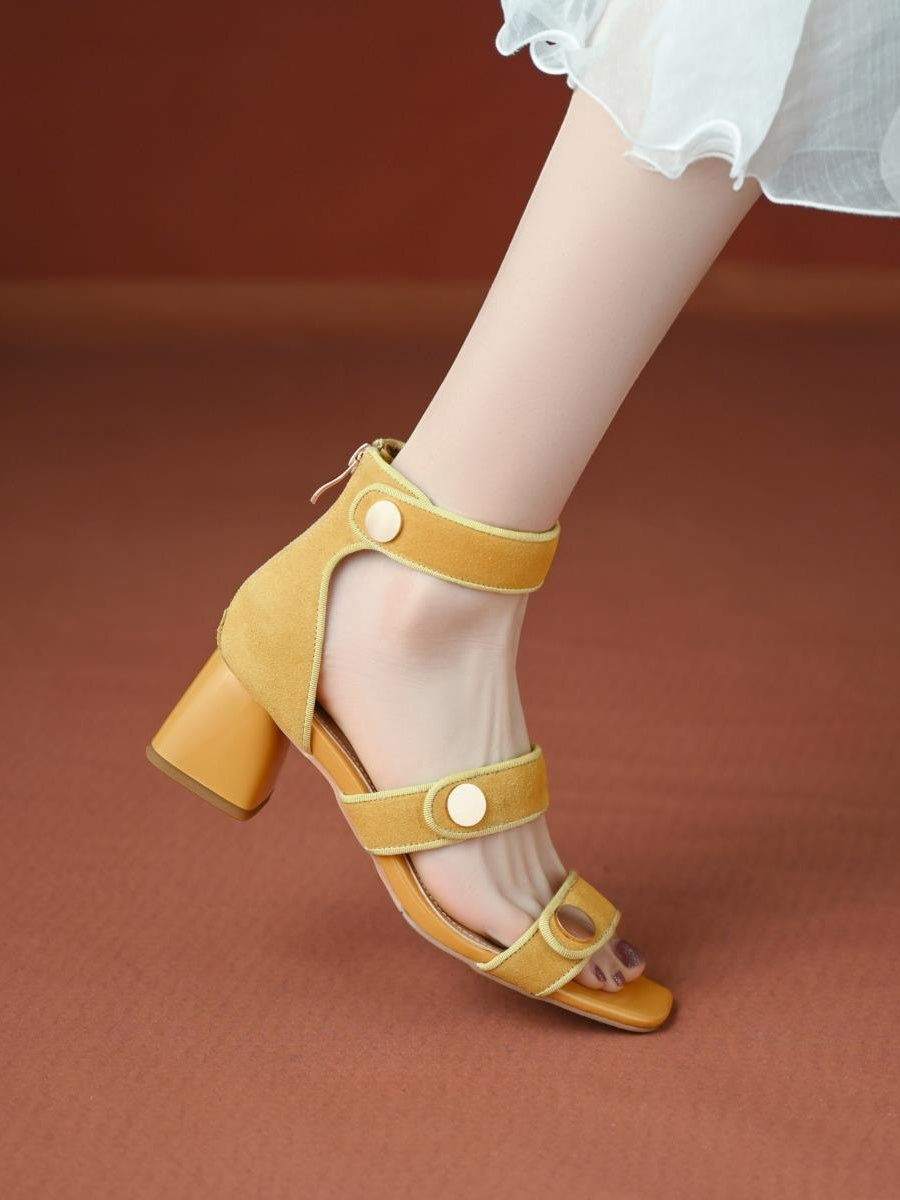 Retro Frosted Buckle Authentic Leather Square Toe High Heel Sandals