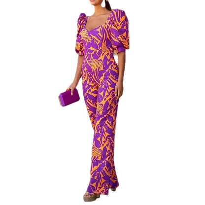 Women's Printed V-neck Lantern Sleeve Jumpsuit