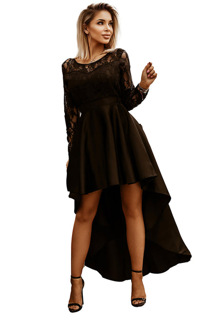 Robe de bal noire en satin haut et bas en dentelle à manches longues