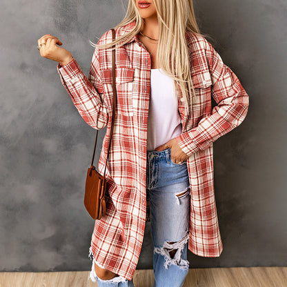 Women's Printed Checks Mid-length Shirt Coat