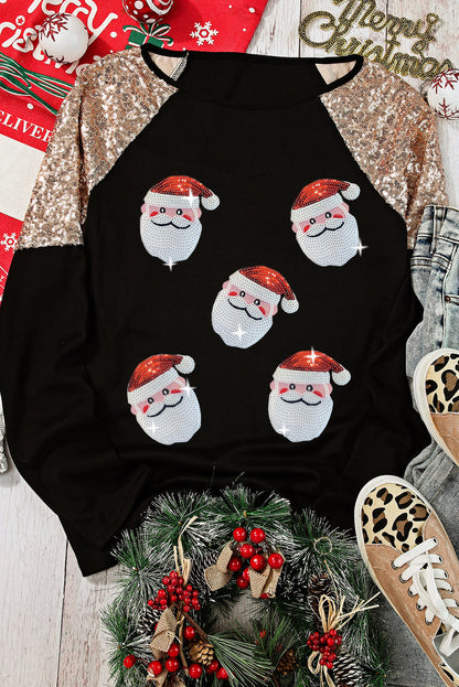 Santa Sequin Long Sleeve Round Neck Top