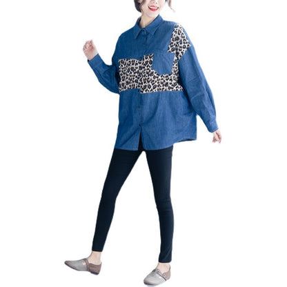 Costuras con estampado de leopardo estilo occidental era delgada camisa suelta de manga larga mujeres gordas que cubren el vientre talla grande