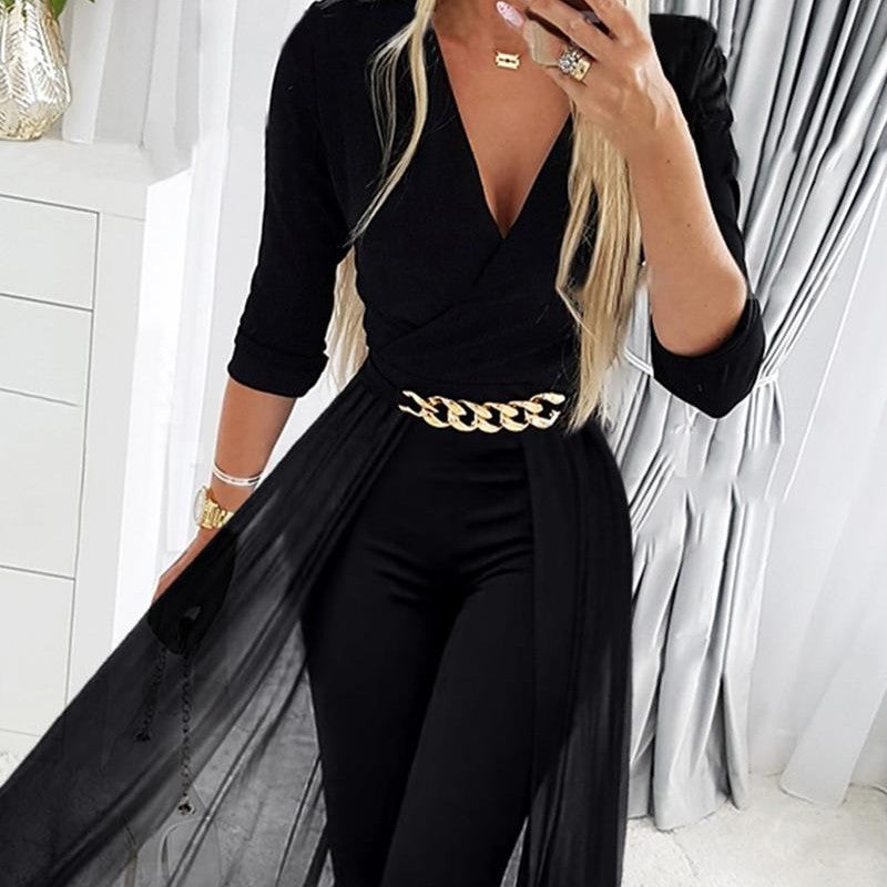 Women's Mesh Patchwork V-neck Jumpsuit