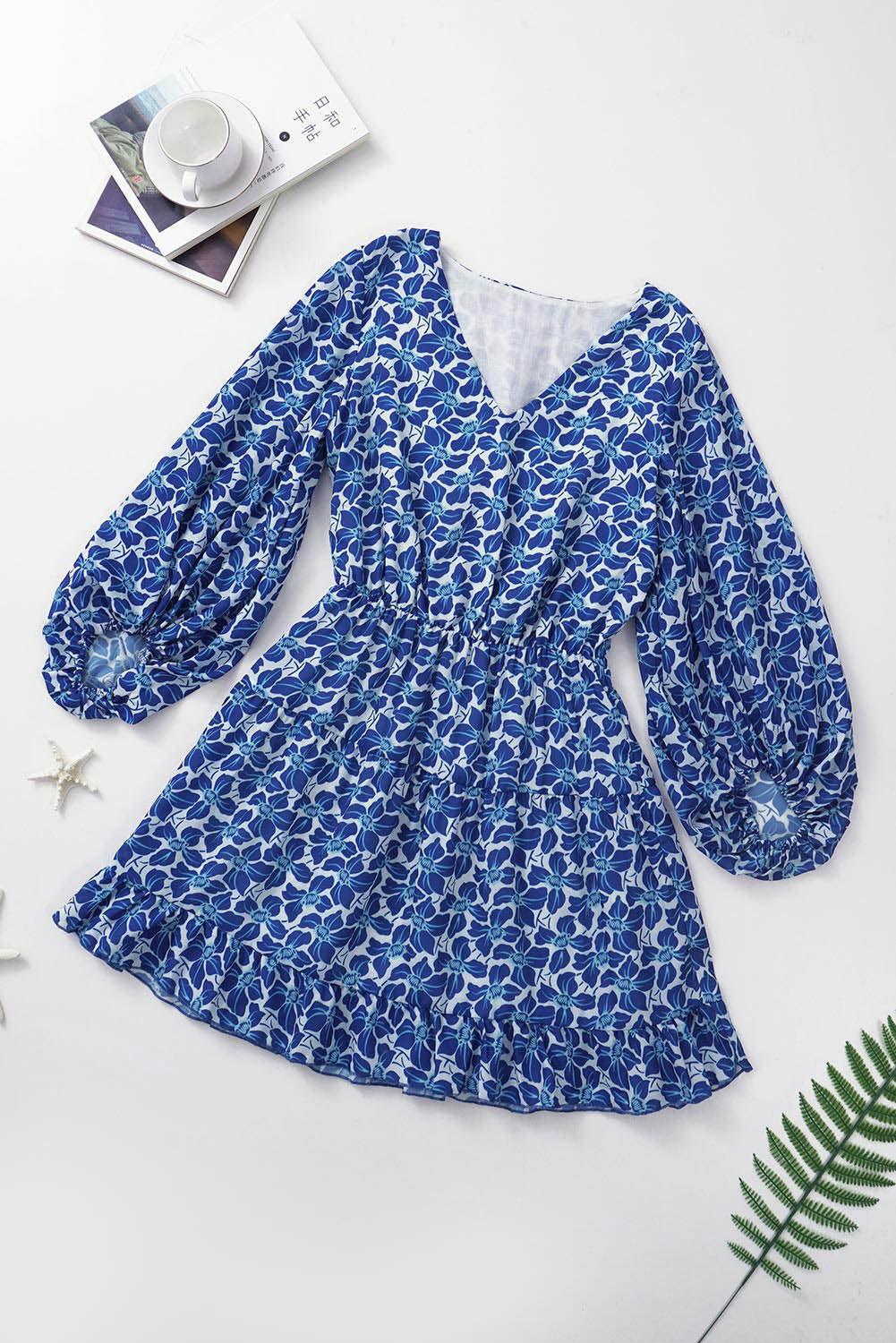 Robe tunique florale bleu ciel/bleu/abricot, col en V, manches lanternes