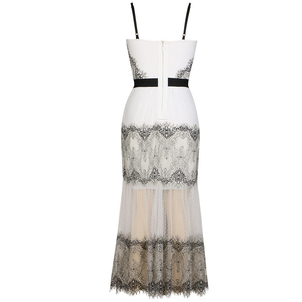 White Suspender Tube Top Lace Mesh Bandage One-piece Dress