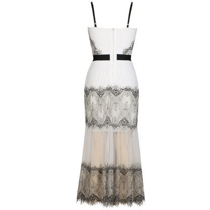 White Suspender Tube Top Lace Mesh Bandage One-piece Dress