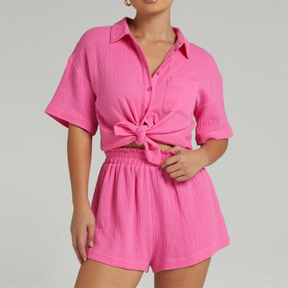 Women's Casual Loose Solid Color Shorts Shirt Two-piece Suit