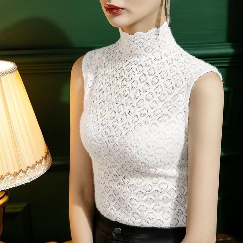 Spring Stand Collar Lace Bottoming Shirt Women's Brushed Sleeveless Slim Fit Inner Wear Plaid Turtleneck Fashionable Vest