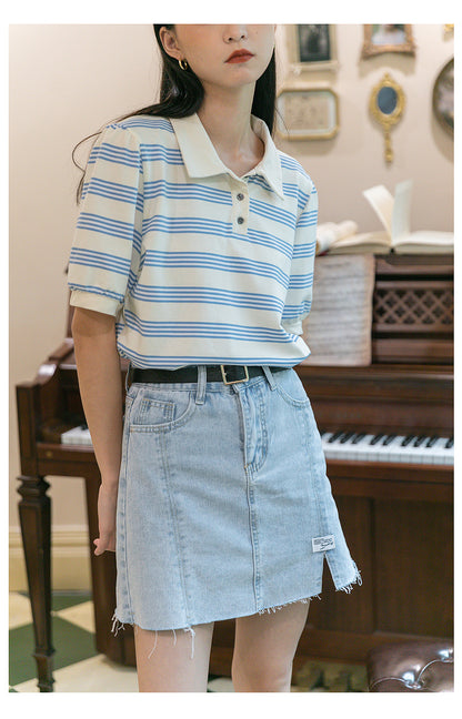 Striped Cotton Short Sleeved T Shirt Lapel Korean Style Design Loose Top