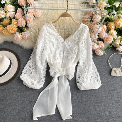 Jacket Female Hollow Lace Puff Sleeve Tie Waist Short Beaded Shirt