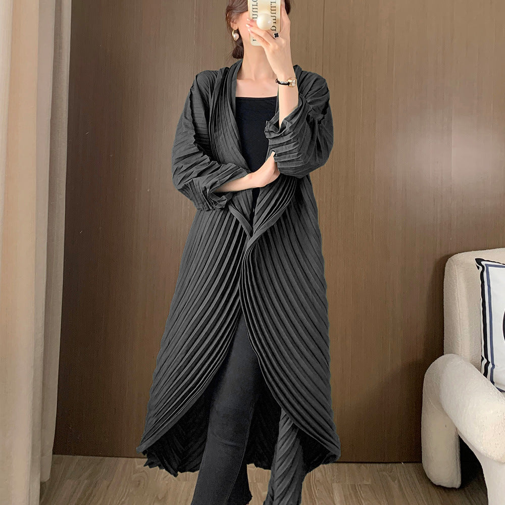 Manual Crimping Female Long Trench Coat