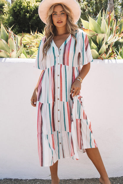 Serape Striped V Neck Buttoned Shirt Dress