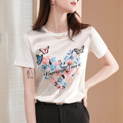 T-shirt en soie pour femmes, manches courtes, impression papillon amour, coutures en satin épais