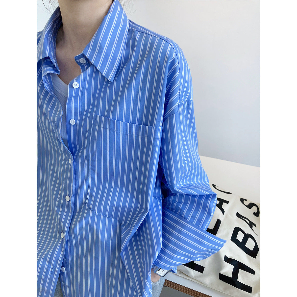 Loose Bf Lapel Large Pocket Long Sleeve Shirt